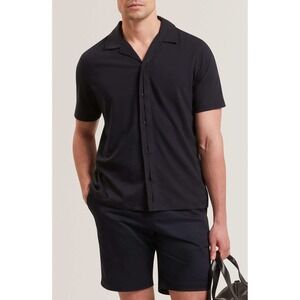 Ted Baker Fendry Cotton & Linen Knit Camp Shirt Mens 4 (L) Navy Blue casual